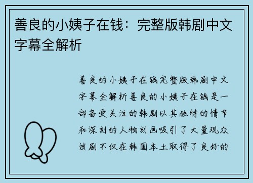 善良的小姨子在钱：完整版韩剧中文字幕全解析